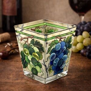 Amia Studios Hand Painted Glass Grape Votive Candle Holder Square 3”